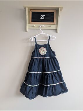 Girls Dark Denim Tiered Sundress with Floral Applique - 2T